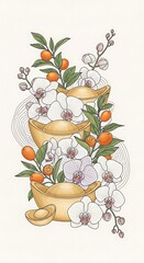 Lunar New Year Floral Arrangement: Orchids, Gold Ingots, and Kumquats.