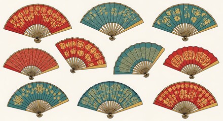 Traditional East Asian Folding Hand Fans Seamless Vector Pattern Background
