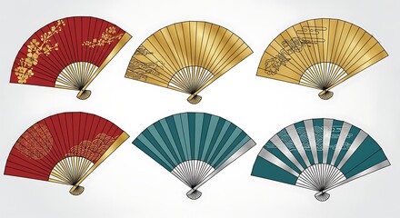 Six Ornate Japanese Folding Hand Fan Vector Set with Wagara Patterns