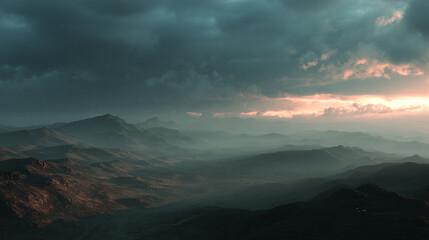 Dramatic sunset over a scarred and desolate mountain valley after a historic battle