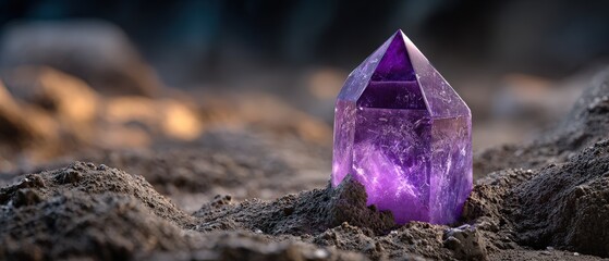 Obraz premium Purple Amethyst Crystal Point Emerging from Earthy Ground