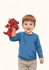 Young Boy Playing with a Red Dragon Hand Puppet, Smiling, Vector Illustration