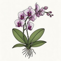 Hand-drawn Phalaenopsis Orchid Botanical Illustration with Roots and Leaves