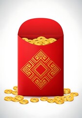 Red Chinese New Year Envelope (Hongbao) full of gold coins for luck and fortune.