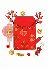 Chinese New Year Red Envelope Hongbao Illustration with Fortune Elements