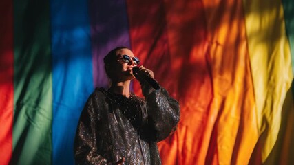 Performer in sequined jacket sings into microphone against a vibrant rainbow flag backdrop