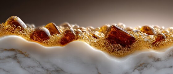 Macro Abstract of Golden Bubbles Over White Marble Waves
