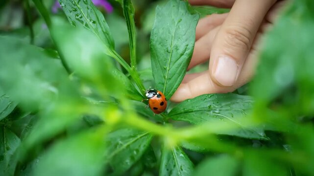 Medium shot of a gardener releasing ladybugs onto plants as natural predators to control pests in an integrated pest management system.