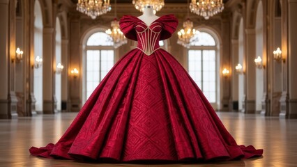 Fototapeta premium Luxurious Red Ball Gown in Grand Hall.