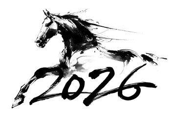 2026 lunar year of the horse, black ink calligraphy art, traditional sumi-e wash painting chinese new year greeting card, png isolated on white or transparent background