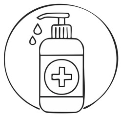 Obraz premium Hand Sanitizer Bottle with Drops Doodle Style Illustration in a Circle Frame