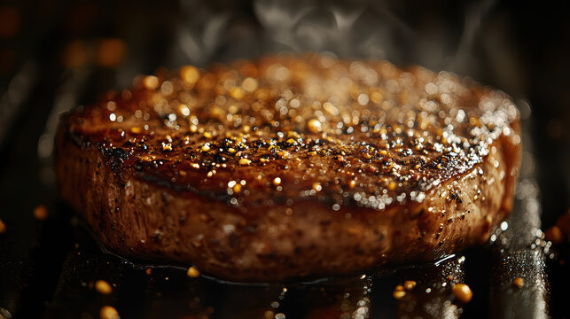 A close-up shot captures a medium-rare steak grilling on a black grill - professional stock photography with high resolution detail featuring premium quality with professional composition -