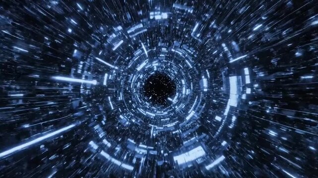 Futuristic Digital Light Tunnel with Glowing Geometric Blocks, technology and sci-fi concept