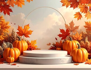 Autumnal display white platform, orange pumpkins, red/orange leaves, and golden ring, against a cloudy sky
