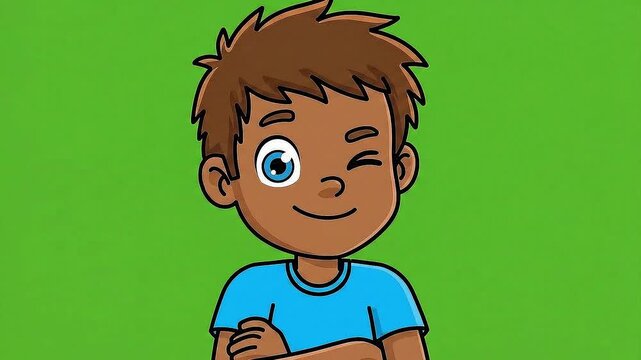 A happy cartoon boy smiling with arms crossed on a green background