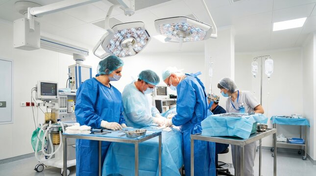 Surgeons and medical team performing operation in a modern sterile operating room with advanced surgical equipment and bright lighting, teamwork in healthcare 