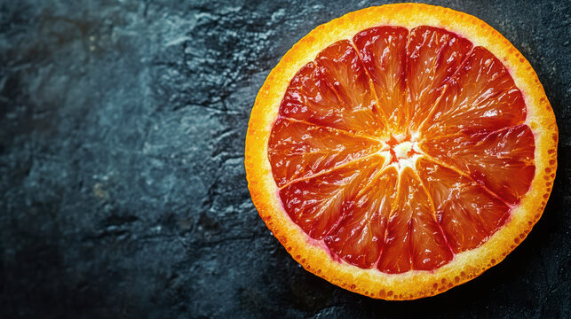 A close-up shot captures a vibrant slice of blood orange, revealing its juicy red flesh and slightly textured peel - commercial digital illustration with high resolution detail and vibrant colors