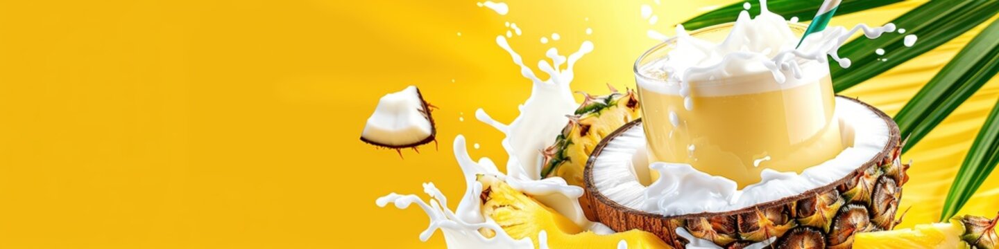 Tropical Pi&ntilde;a Colada Cocktail with Coconut Pineapple and Milk Splash