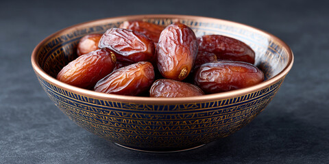 Dates in dish on dark background
