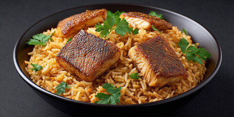 Fish kabsa in dish on dark background