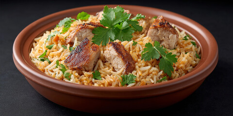 Kabsa in dish on dark background