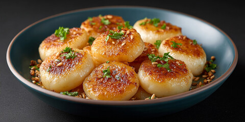 Luqaimat in dish on dark background