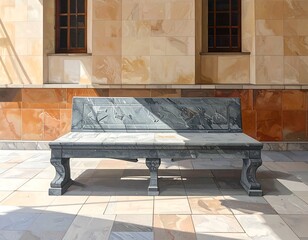Marbled bench, ornate stone facade backdrop, two window openings, light and shadows