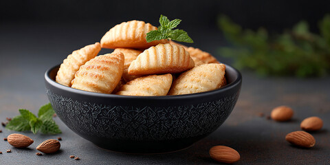 Maamoul in dish on dark background