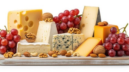 Assorted cheese selection with grapes and nuts on wooden board isolated on white background