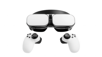 White virtual reality headset with controllers for gaming use on transparent background