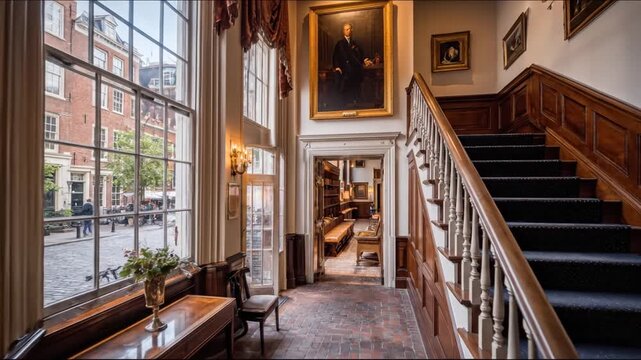 Interior view of a classic entry hall, natural light from windows, portrait, and stairway