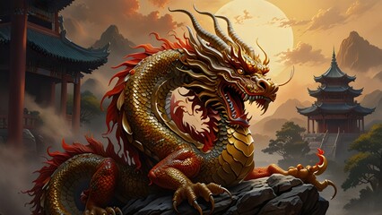 Chinese dragon statue glowing at night in a temple, symbolising traditional Asian culture and power