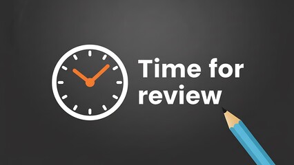 Simple white clock icon with orange hands next to bold white text 'Time for review' on a dark grey background