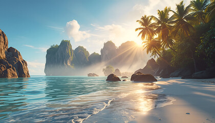  illustration of a secret tropical beach at sunrise with crystal clear turquoise water gently lapping against the shore, massive rocks jutting out of the water, tall palm tree