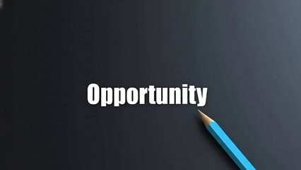 Bright blue pencil poised to write the word Opportunity in bold white 3D letters on a dark gray textured background