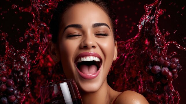 Joyful Woman Laughing with Red Wine Splash and Grapes