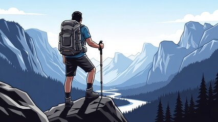 Hiker Standing on Mountain Peak with Backpack.