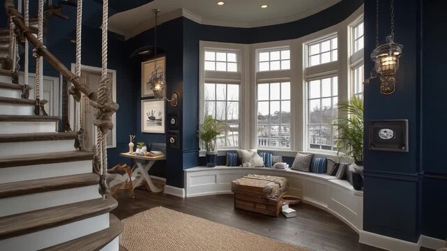 An interior featuring a staircase, bay window, & marine theme, with rope, wood, art & cozy seating