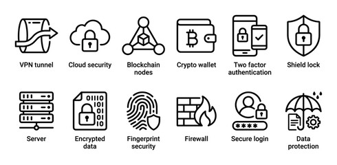 Fototapeta premium Comprehensive set of black line icons representing cybersecurity, online privacy, and data protection, featuring symbols for VPN, firewall, encryption, and secure authentication