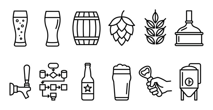 Collection of beer and brewing icons in a simple black outline style, showing a pint glass, wooden barrel, hop, barley, tap, bottle, opener, and fermentation equipment
