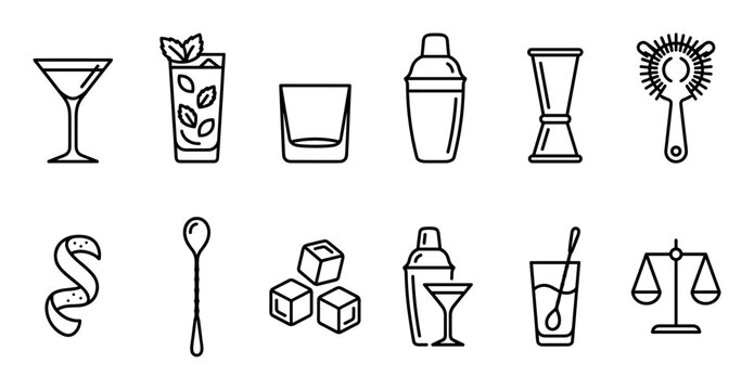 Cocktail and bar tool line icon set showing a shaker, jigger, strainer, glasses, and other bartending equipment in a minimalist black and white vector illustration style