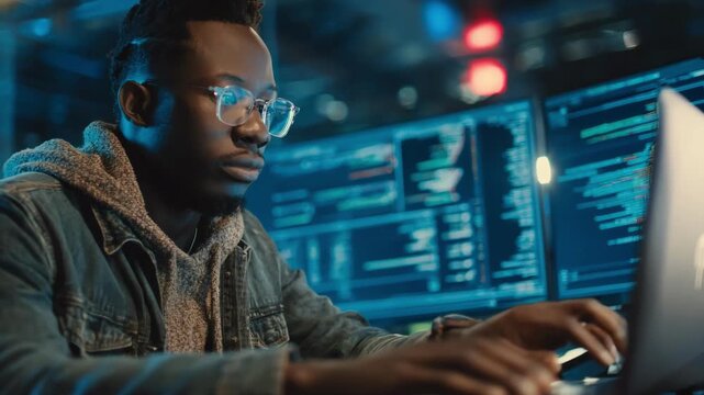 Focused medium shot of a developer implementing a tamperproof blockchain system to protect search results from unauthorized modifications.