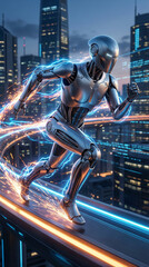Futuristic robot sprinting on illuminated pathway in city at night  