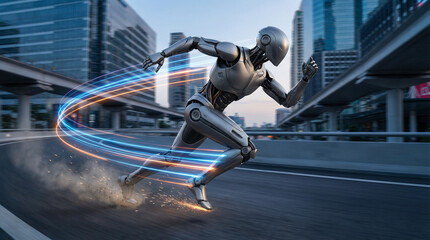 Futuristic robot sprinting on urban road with glowing motion trails  