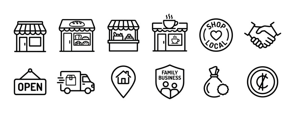 Collection of minimalist black line icons for small business support, featuring a local shop, family enterprise shield, delivery service, open sign, and financial pictograms