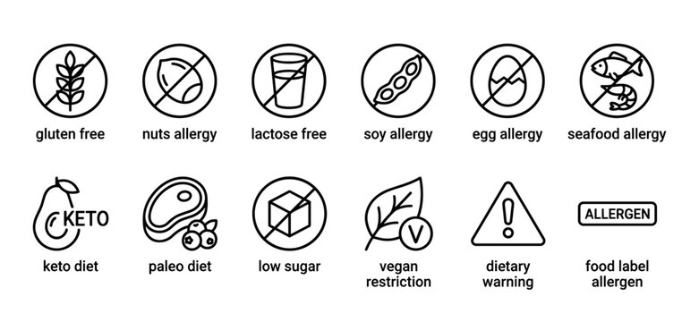 Food allergy and dietary restriction line icons in a minimalist black and white set showing symbols for gluten free, vegan, keto, paleo, low sugar, and common allergens