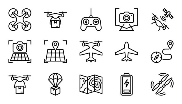 Set of black line icons representing drone technology and aerial delivery, featuring a quadcopter, remote control, camera, satellite, navigation map, and battery symbols for tech concepts
