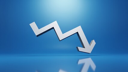Metallic silver 3D graph line arrow pointing downwards on a gradient blue background with reflection, symbolizing financial decline or negative trend.