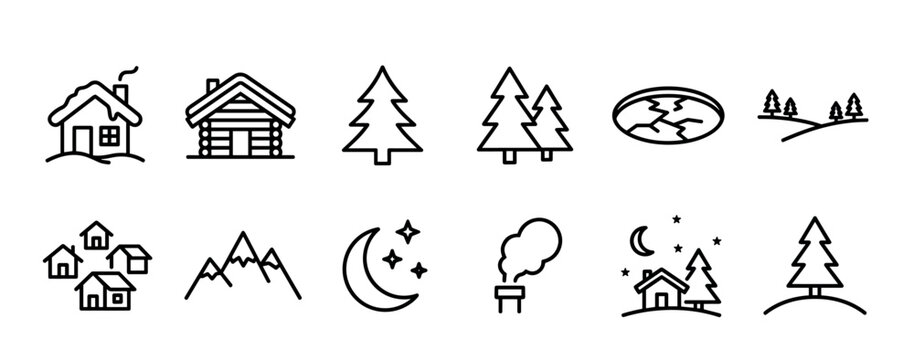 Set of black linear nature icons featuring winter houses, log cabins, pine trees, mountains, and a night sky with a moon and stars, designed in a minimalist graphic style