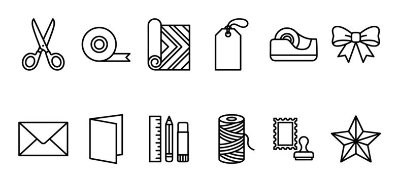 Set of black line art icons for gift wrapping and crafting, including scissors, tape, paper, a bow, tag, envelope, card, and other stationery supplies in a minimalist vector style